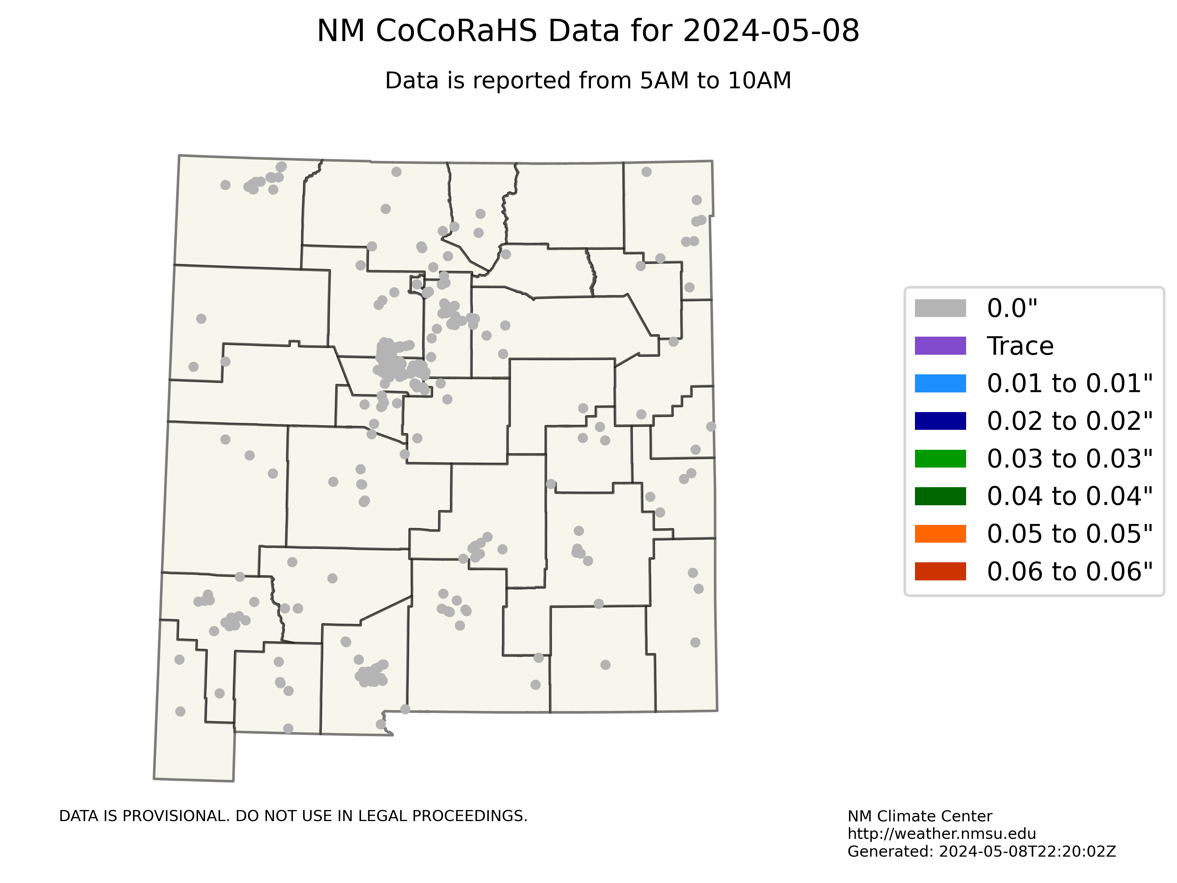 Map of the daily CoCoRaHS precipitation in New Mexico.